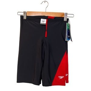NWT Speedo Boys Jammer SZ 28 lot of 2! Swim shorts black and red. Swim team.
